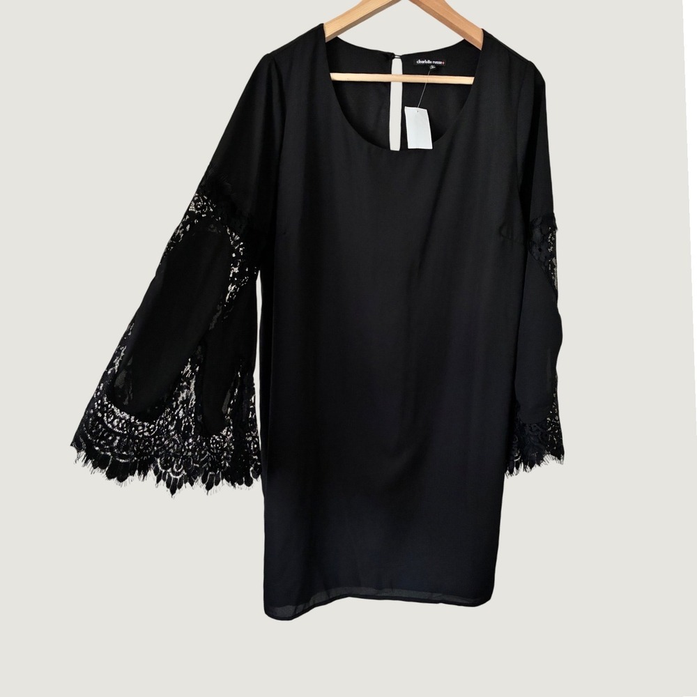 Charlotte Russe Plus Black Lace Bell Sleeve Shift Dress 1X NWT Fairycore